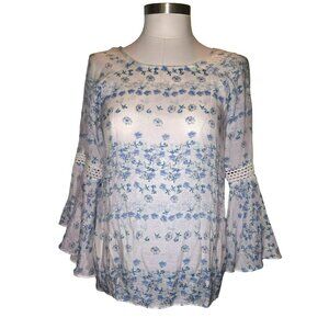 Lauren Conrad Blouse Womens Floral Bell Sleeve Top Size S White & Blue jj3668